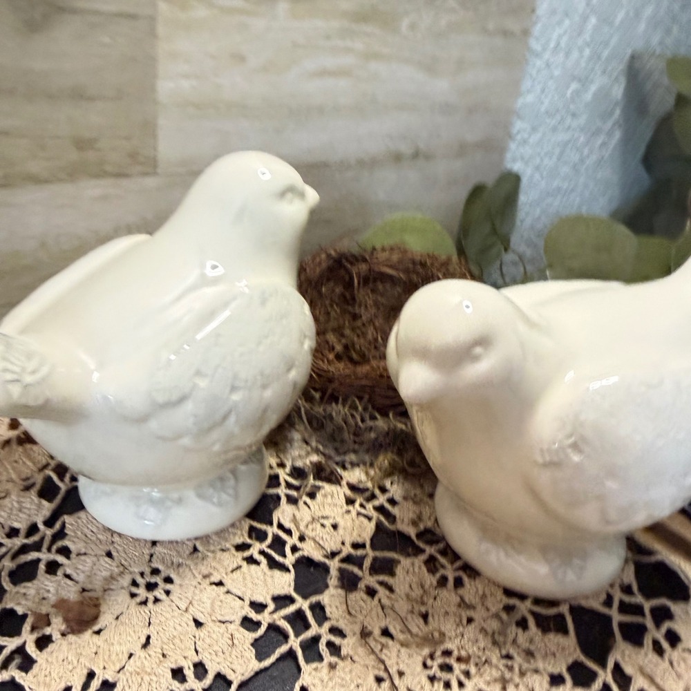 White Ceramic Bird Figurines Set of 2 Embossed Lace Detail Glossy Finish Decor